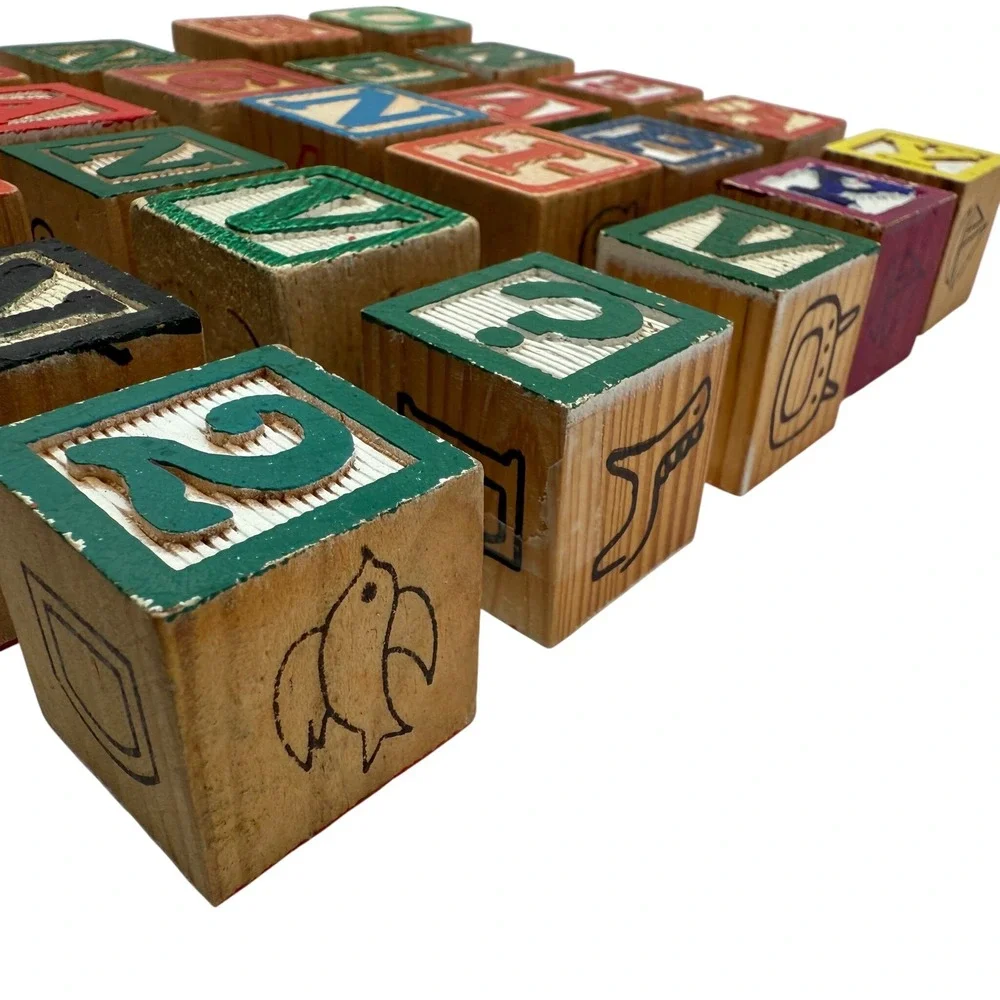 Vintage Wooden Alphabet Blocks Set Carved Letters‎ Numbers Animals 1.2